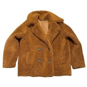 Free People Teddy Fleece Oversized Double Breasted Sherpa Jacket Tan Brown